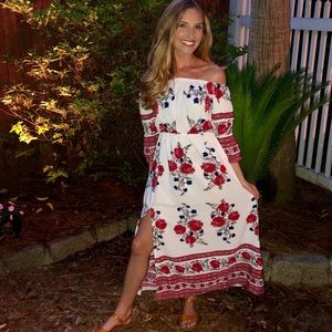 Red and White Floral Maxi Dress